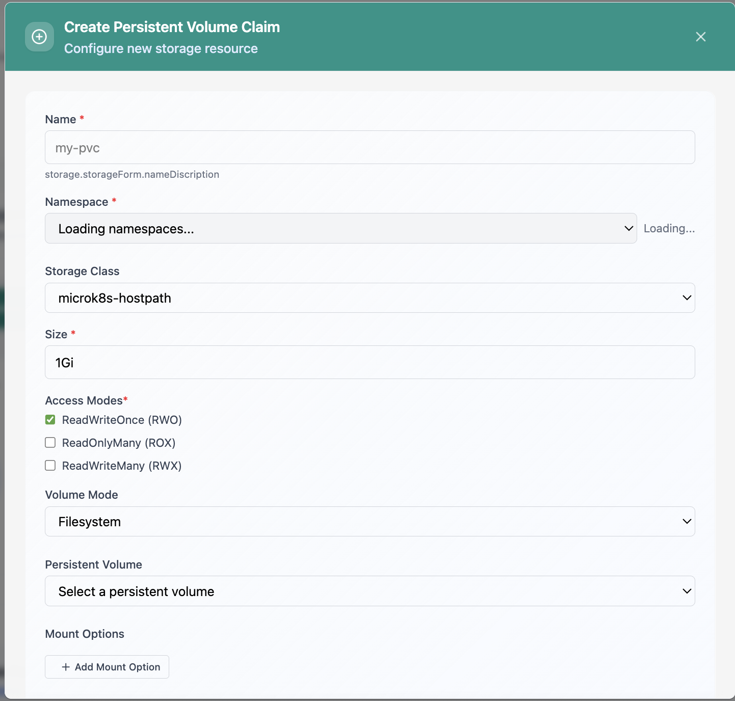 Create Persistent Volume Claim form.